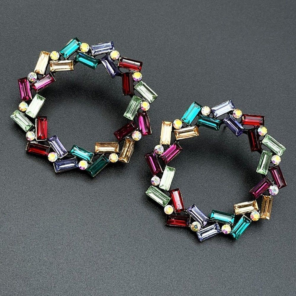Yellow Gold with Multicolor and AB Crystal Round Wreath Post Back Earrings
